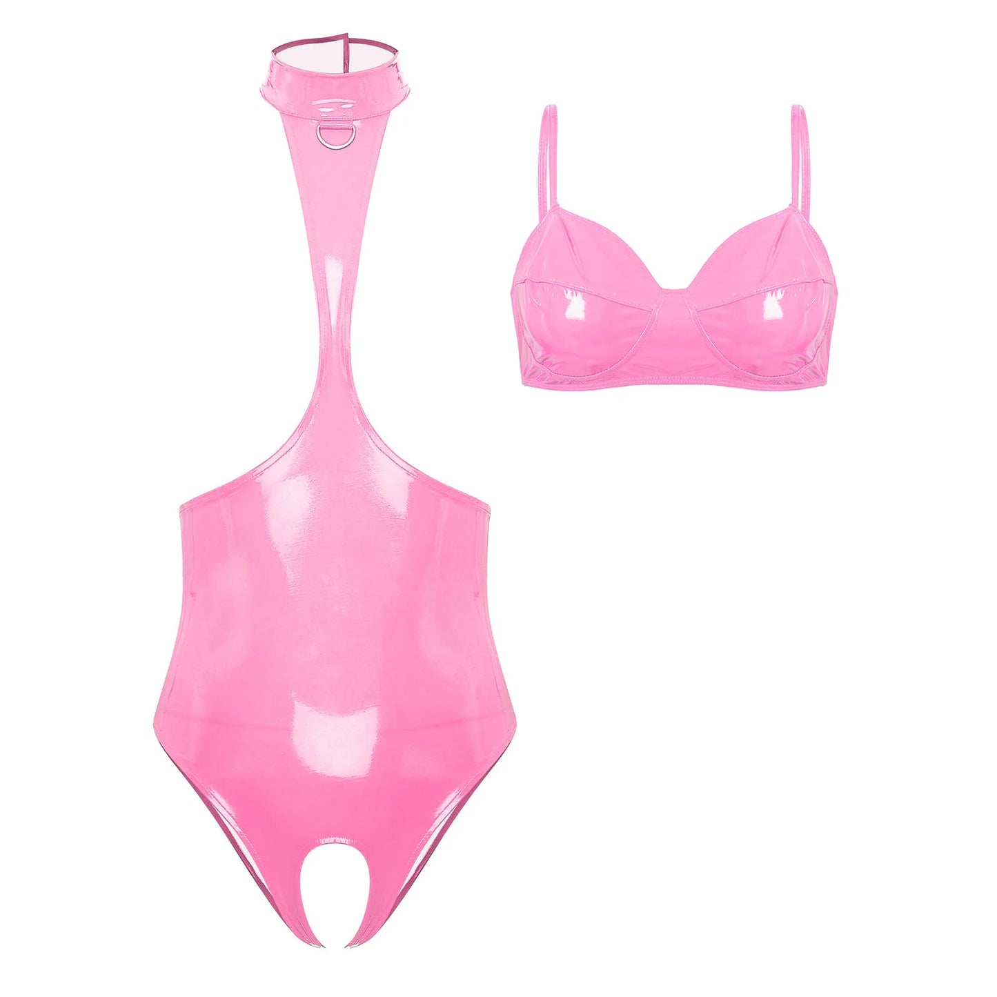 Womens Glossy Halter Cutout Crotchless Bodysuit And Bra Lingerie Set Open Chest Teddies Wet Look Faux Leather Rave Clubwear