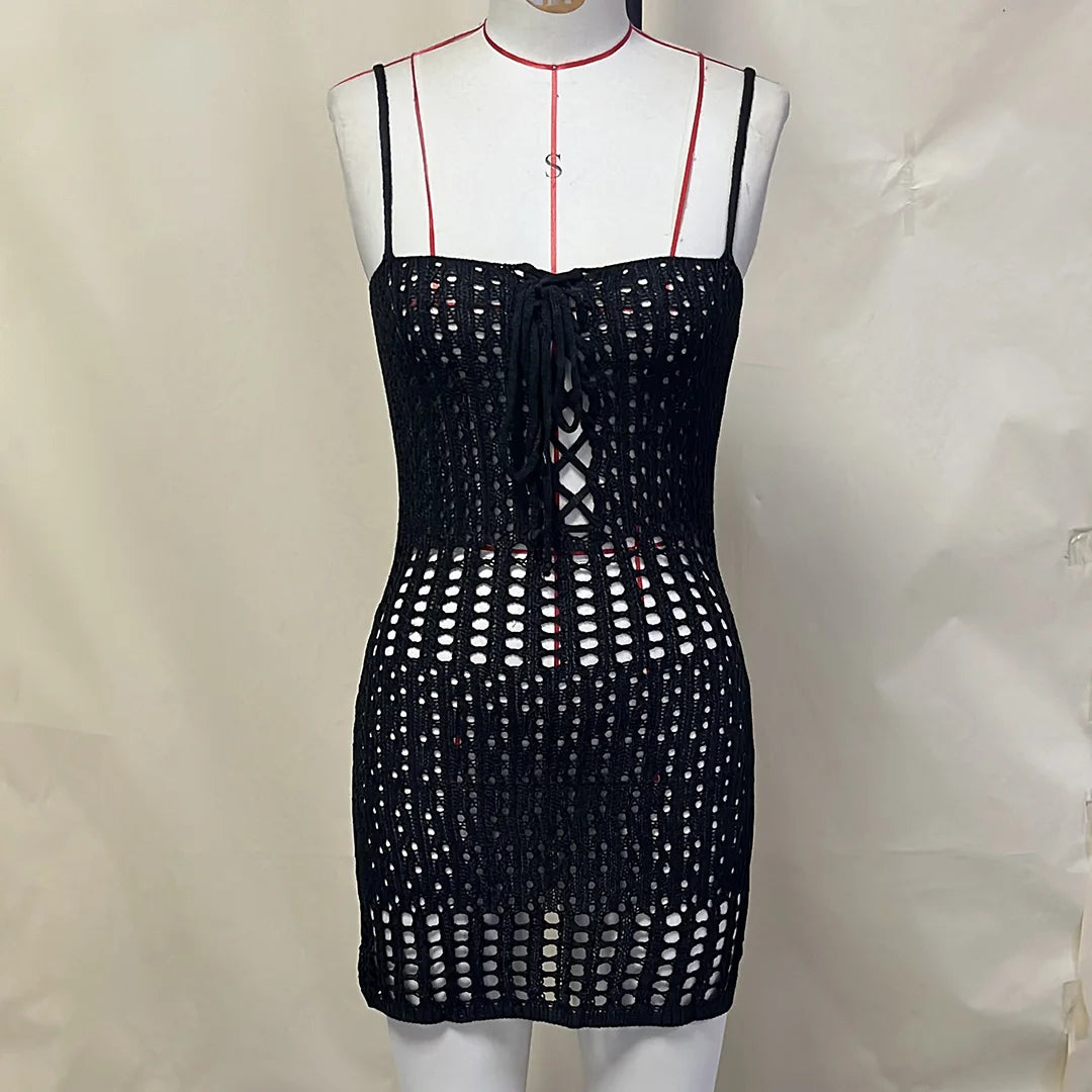Beach Wear Beachwear Female Women Lace Up Hollow Out Backless Crochet Knitted Tunic Beach Cover Up Cover-ups Beach Dress V5655