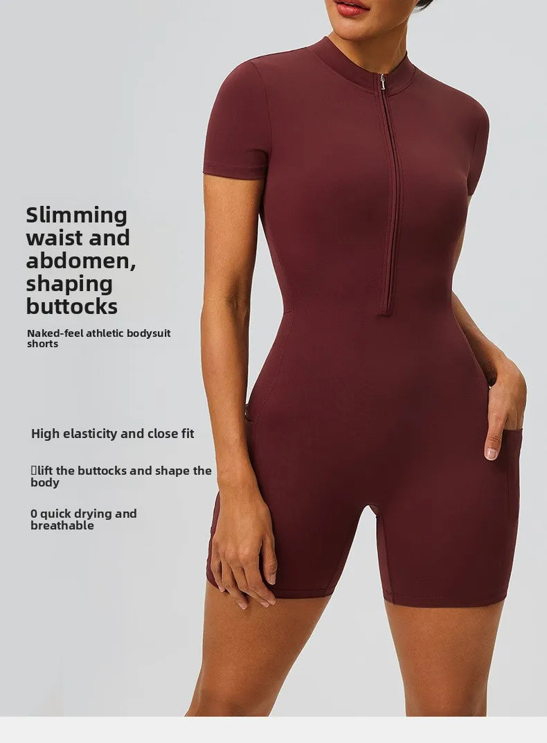Women's zipper short sleeved yoga jumpsuit with functional pockets for hip lifting and tight fitting sports jumpsuit shorts