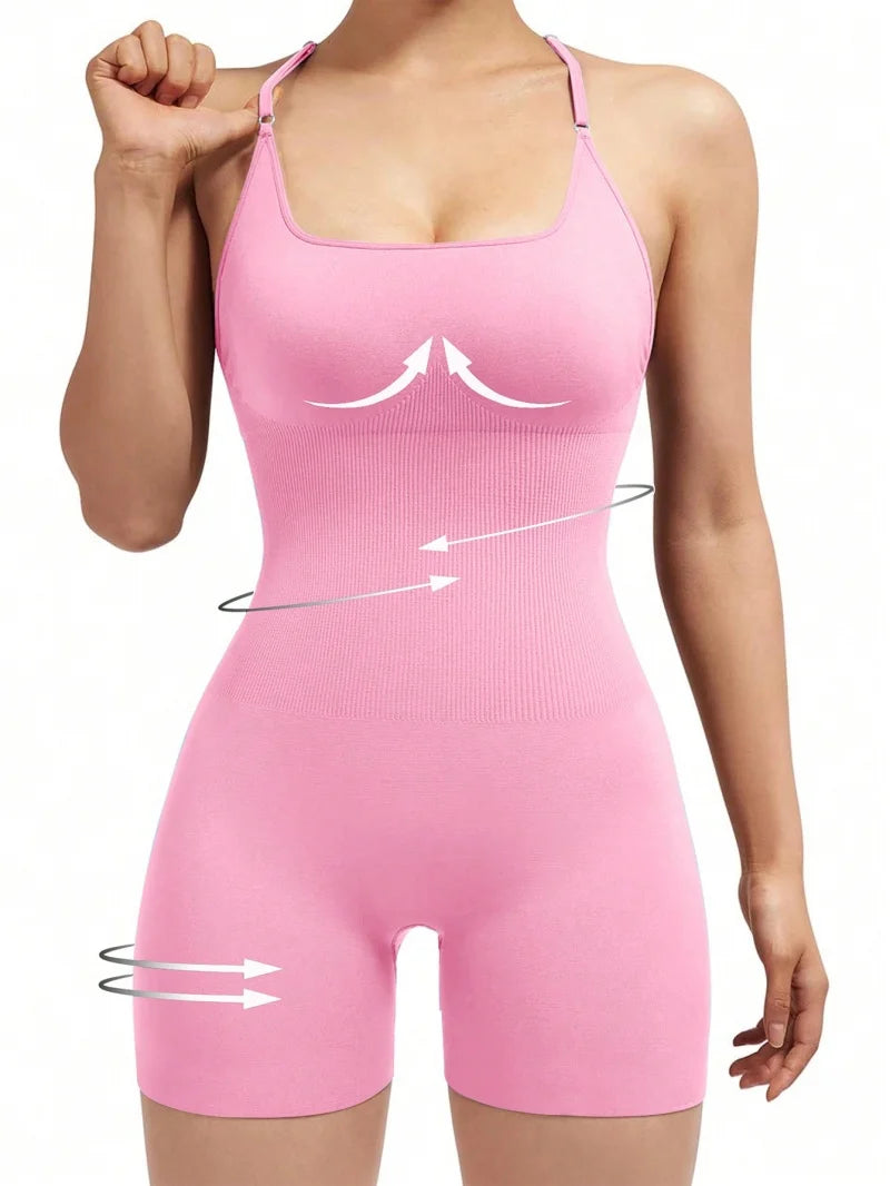 Sexy Fitness-Overall für Damen, kreuzverstellbar, Sport-Playsuit, Lauf-Einteiler, Yoga-Anzug, Scrunch-Shorts, rückenfrei, Set, Strampler