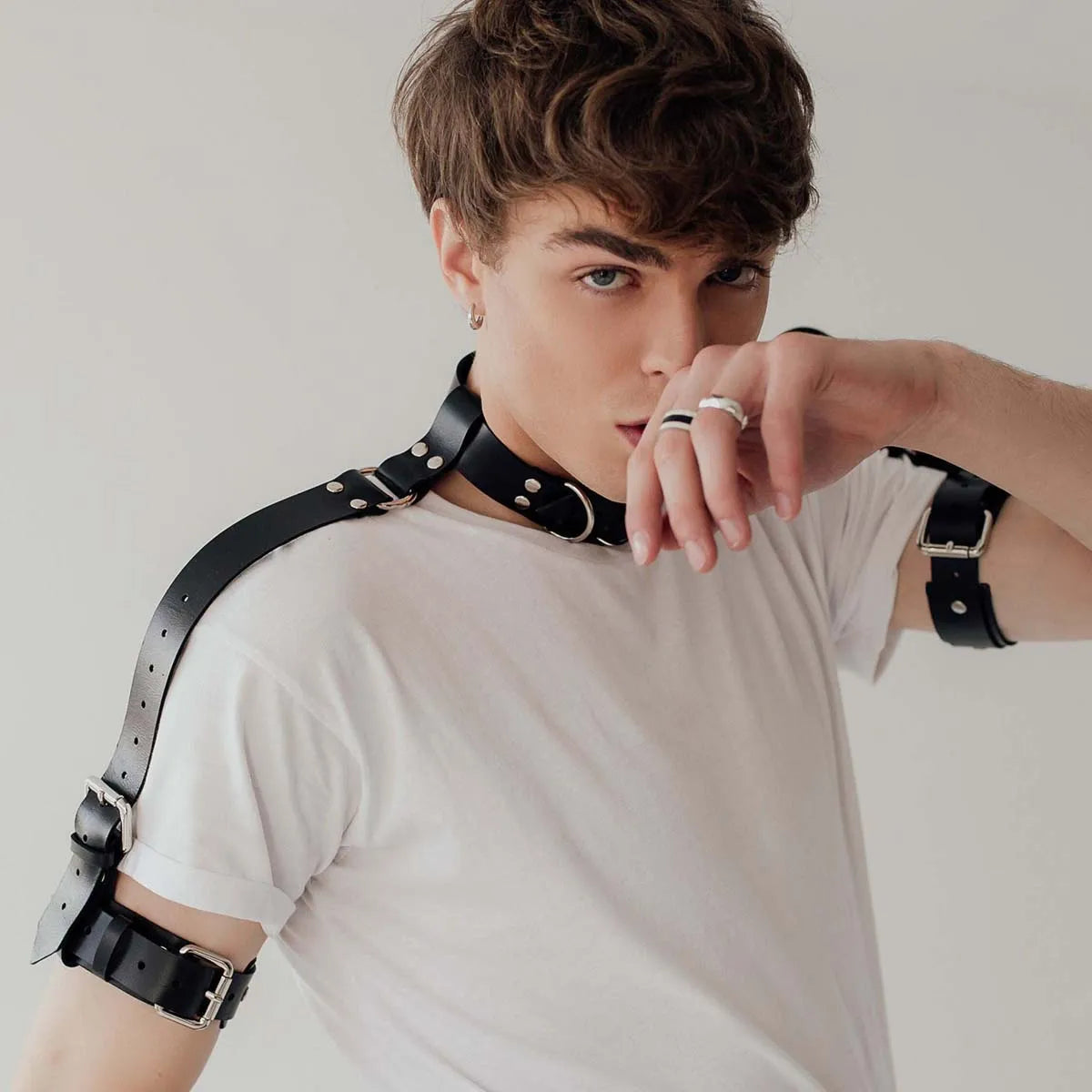 Mens PU Leather Harness Double Shoulder Armors Buckles Sexual Body Chest Harness Belt for Adult Sex Cosplay Halloween Party