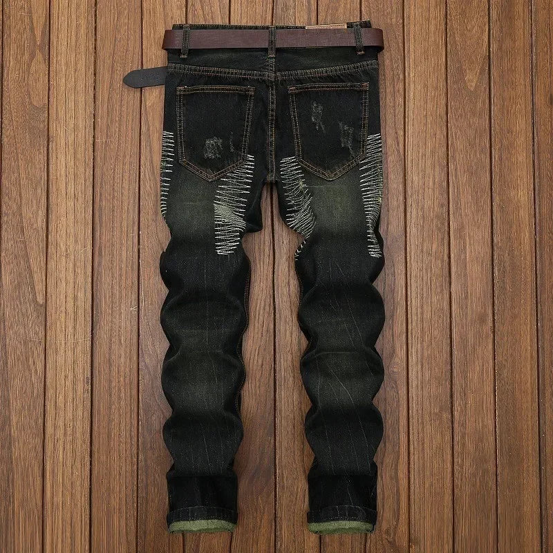 New Men's Ripped Vintage Jeans Straight Denim Trousers Male Distressed Personalized Motorcycle High Street Spliced Jeans Pants