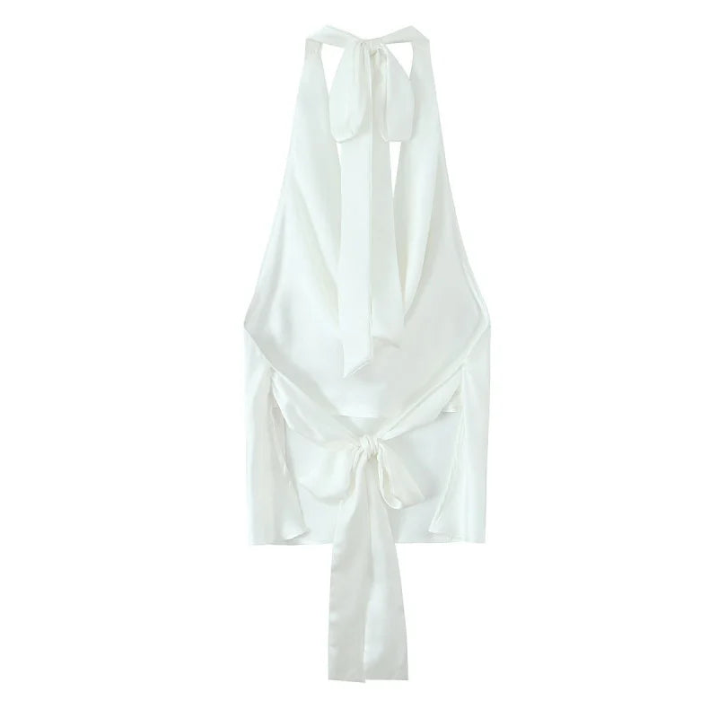 Women Casual Satin Halter Top with Adjustable Tie Sleeveless Open Back Solid Collar Vest Summer Beach Style Casual Female Blouse