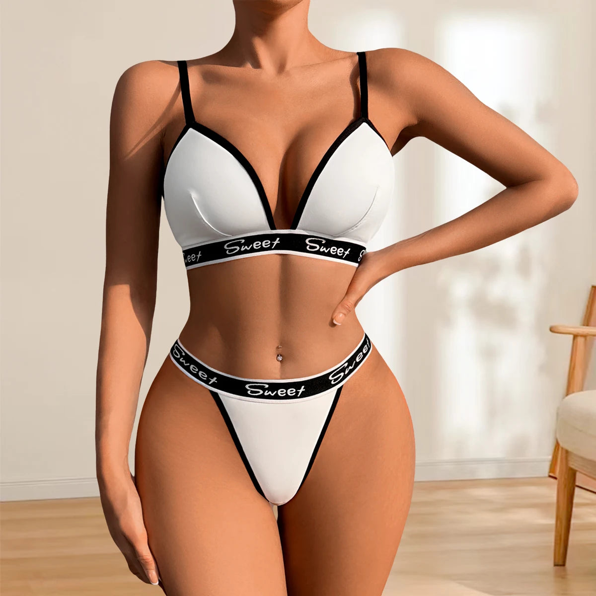 2pcs Sexy Women Underwear Set Low Rise Letter Embroidery Sexy Lingerie Sets Breathable Comfort Elegant Thongs And Bras Outfits