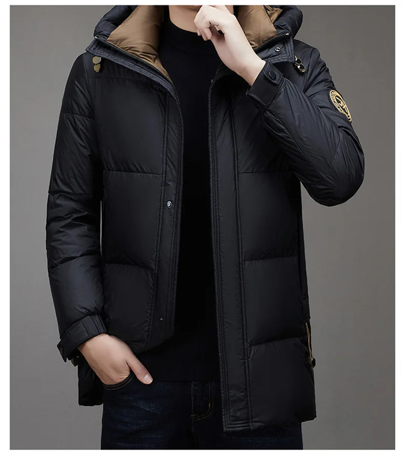Leichte Luxus-Daunenjacke für Herren, lang, Winter 2024, trendig, 90 % weiße Entendaunen, warmer Mantel, Business-Casual-Mütze, leichte Daunenjacke