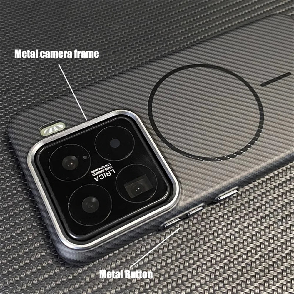 Ultra thin Carbon Fibre Pattern Metal Lens Frame Case for Xiaomi Mi 15 Pro Mi 14 Magnetic Wireless Charging Hard PC Slim Cover