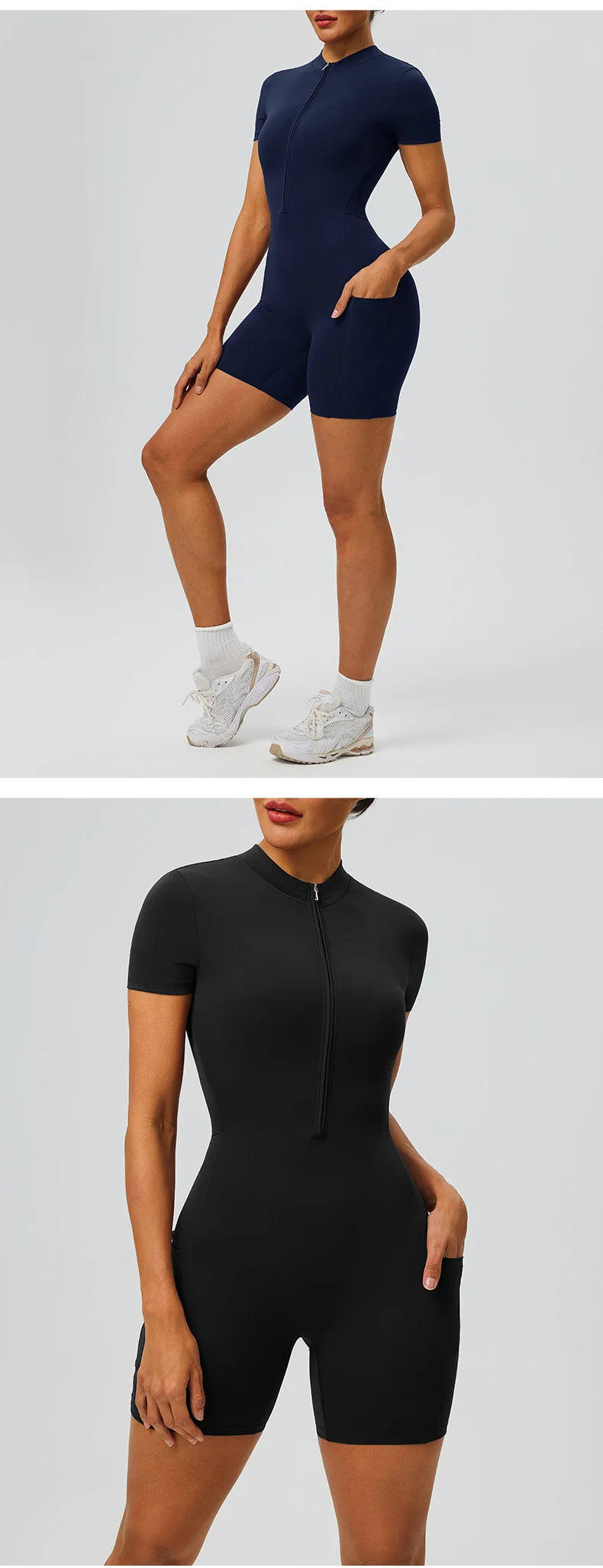 Women's zipper short sleeved yoga jumpsuit with functional pockets for hip lifting and tight fitting sports jumpsuit shorts