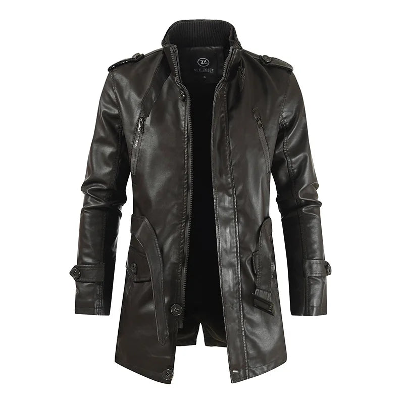 Men's Genuine Leather Jacket Winter Warm Thick Plush Lining Long Coat with Stand Collar Fashion Outerwear