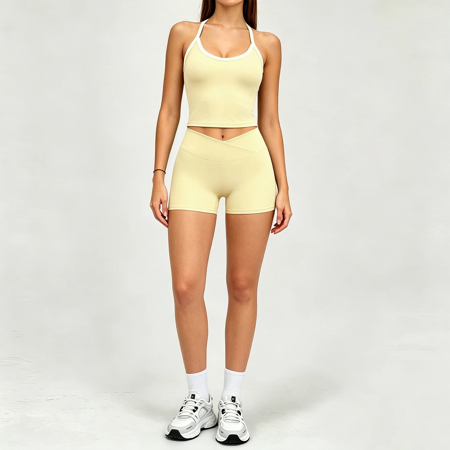GYM 2 Piece Set Racerback Design+Shorts Women Sports Bra with Padded Yoga Halterneck Top High Waist Pant Summer Running Fitness
