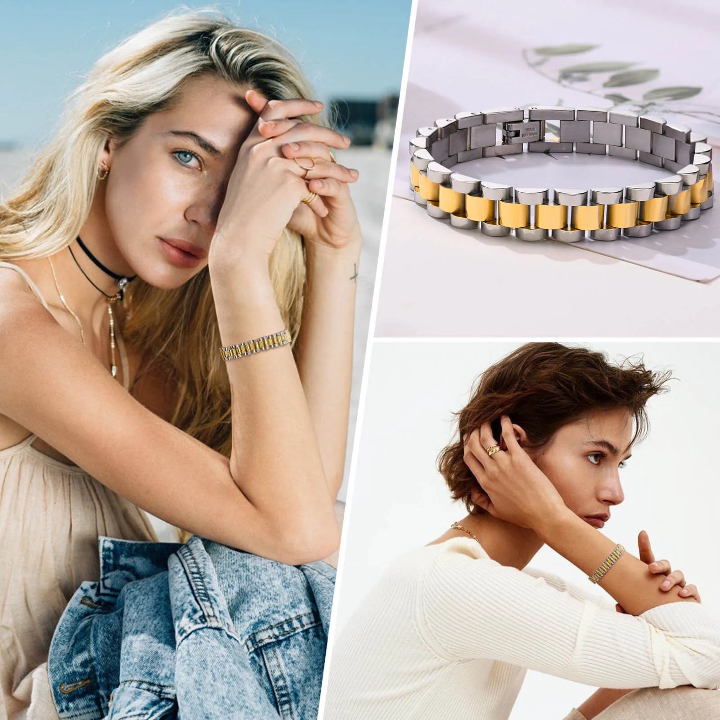 Vnox Stainless Steel Classic Watchband Bracelet For Women Men,Watch Straps Width Link Chain Bracelet Bangle,Unisex Hand Jewelry