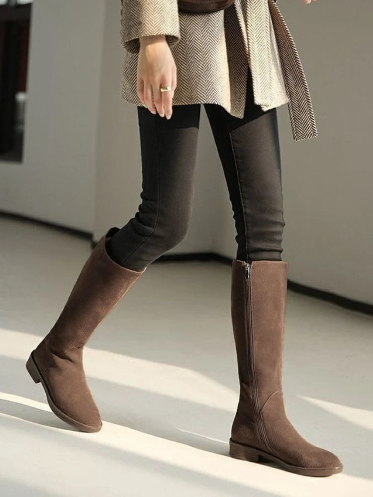 Suede Round Toe Elegant with Low Heels Fleece-Lined Ladies Knee High Shaft Shoes Autumn Winter Demi-season Women's Long Boots