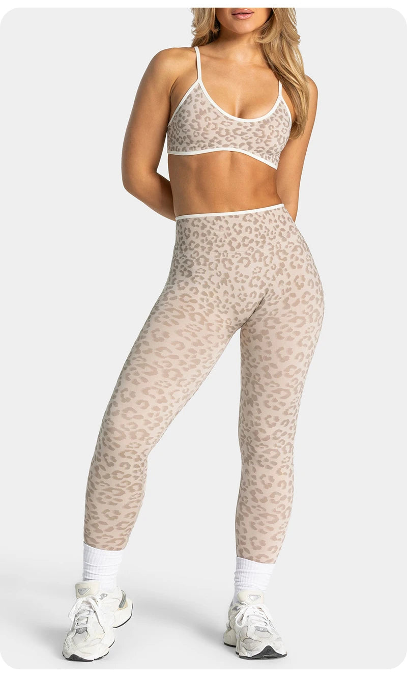 Women's Seamless Yoga Set Leopard Print Color Block Bra Top & Long Pants Workout Suit