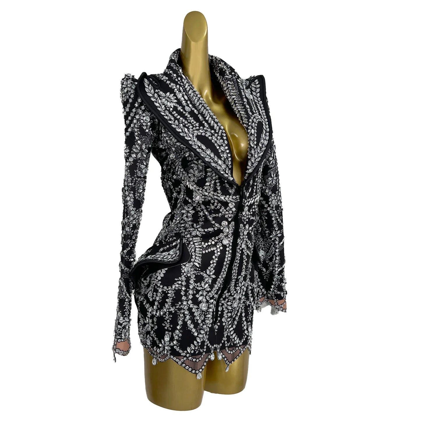 Fashion Crystal Rhinestones Short Dress Deep V Black Club Party Birthday Performance Drag Queen Costume