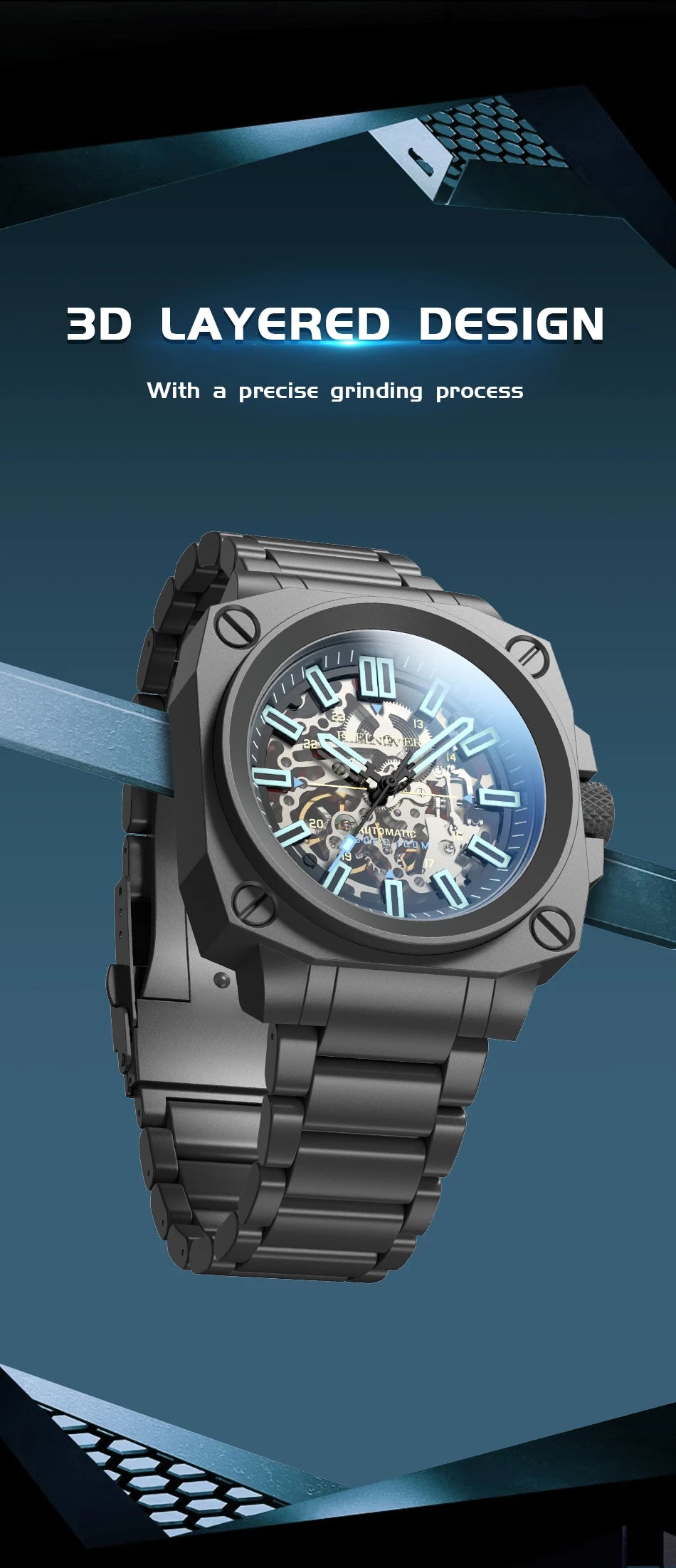 FeelNever Kreative Herrenuhr mit Automatikwerk, ausgehöhlt, modisch, lässig, sportlich, Militär, Leder, wasserdicht, mechanische Uhr + Box