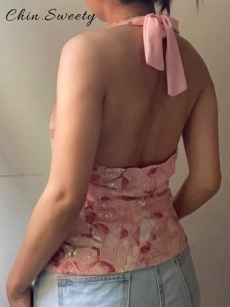 Sexy Sequined Beaded Lace Up Women's Top Halter V-neck Sleeveless Backless Slim All-match Tank 2025 Summer Lady Y2K Streetwears