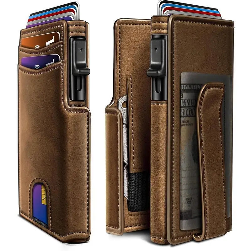 OUIO New Black Leather Wallet For Men Slim Bifold RFID Blocking Wallet With Pop-Up Metal Card Holder Card Sleeves POP UP Wallet