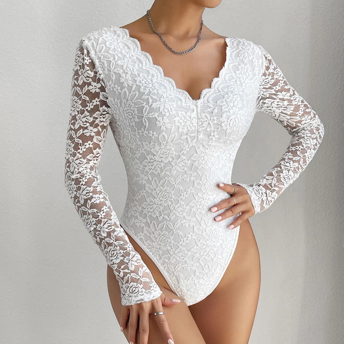 Women's Jumpsuit Onesie Lace Long Sleeve Perspective Embroidery Black V-neck Slim White Base Shirt Red Bodysuit