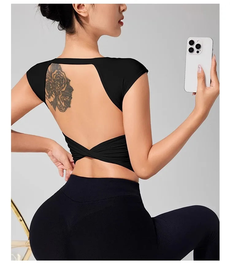 Women's Backless Fitness Clothes with Fixed Chest Pad Beautiful Top Short Sleeve Dance Sport  T-Shirt Yoga Wear