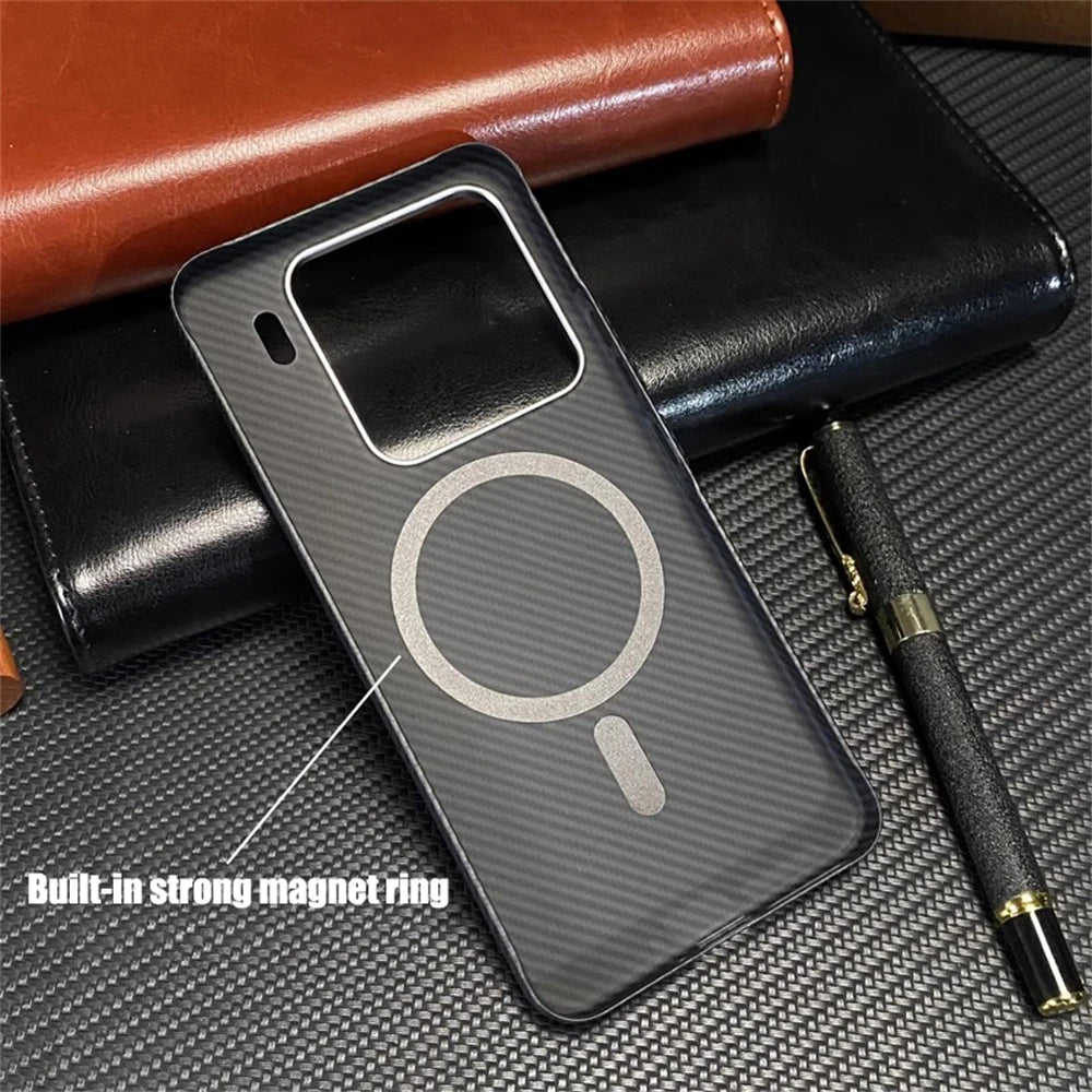 Ultra thin Carbon Fibre Pattern Metal Lens Frame Case for Xiaomi Mi 15 Pro Mi 14 Magnetic Wireless Charging Hard PC Slim Cover
