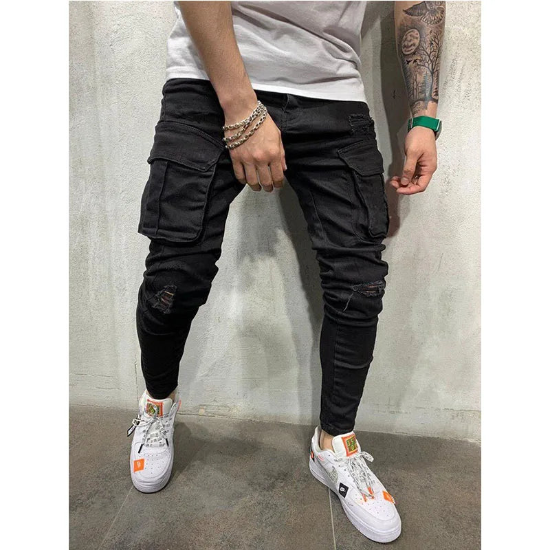 Mens Stretch Jeans Black Big Side Pockets Cargo Jeans Fashion Zipper Small Foot Denim Pants Elastic Jogging Trousers Streetwear