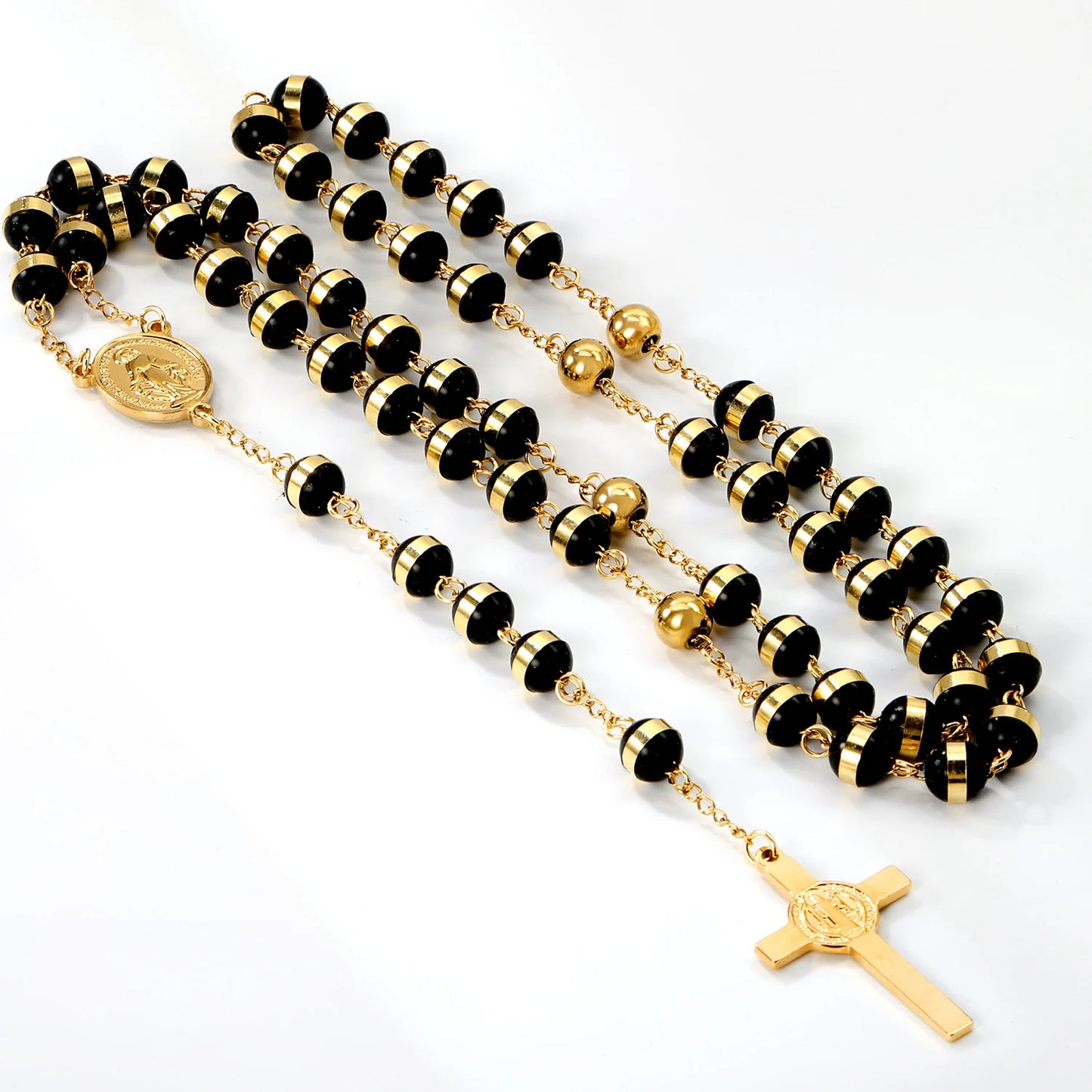 LUXUSTEEL Stainless Steel Long Necklace Virgin Mary Cross Pendant with 35cm+15cm Extender Bead Chain Jewelry