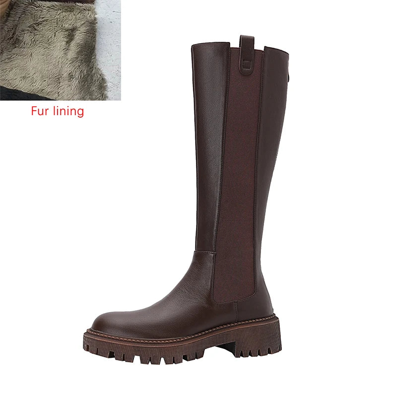 Autumn Winter New Women's High Boots Chelsea Boots Cow Leather Round Toe Heel Women Boots Knee-High Women Shoes Zipper