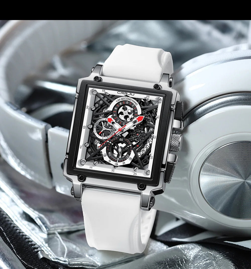 CRRJU Modische Sportuhren mit großem Zifferblatt, einzigartiges rechteckiges, hohles Design, Quarz-Armbanduhren mit Chronograph, automatisches Datum