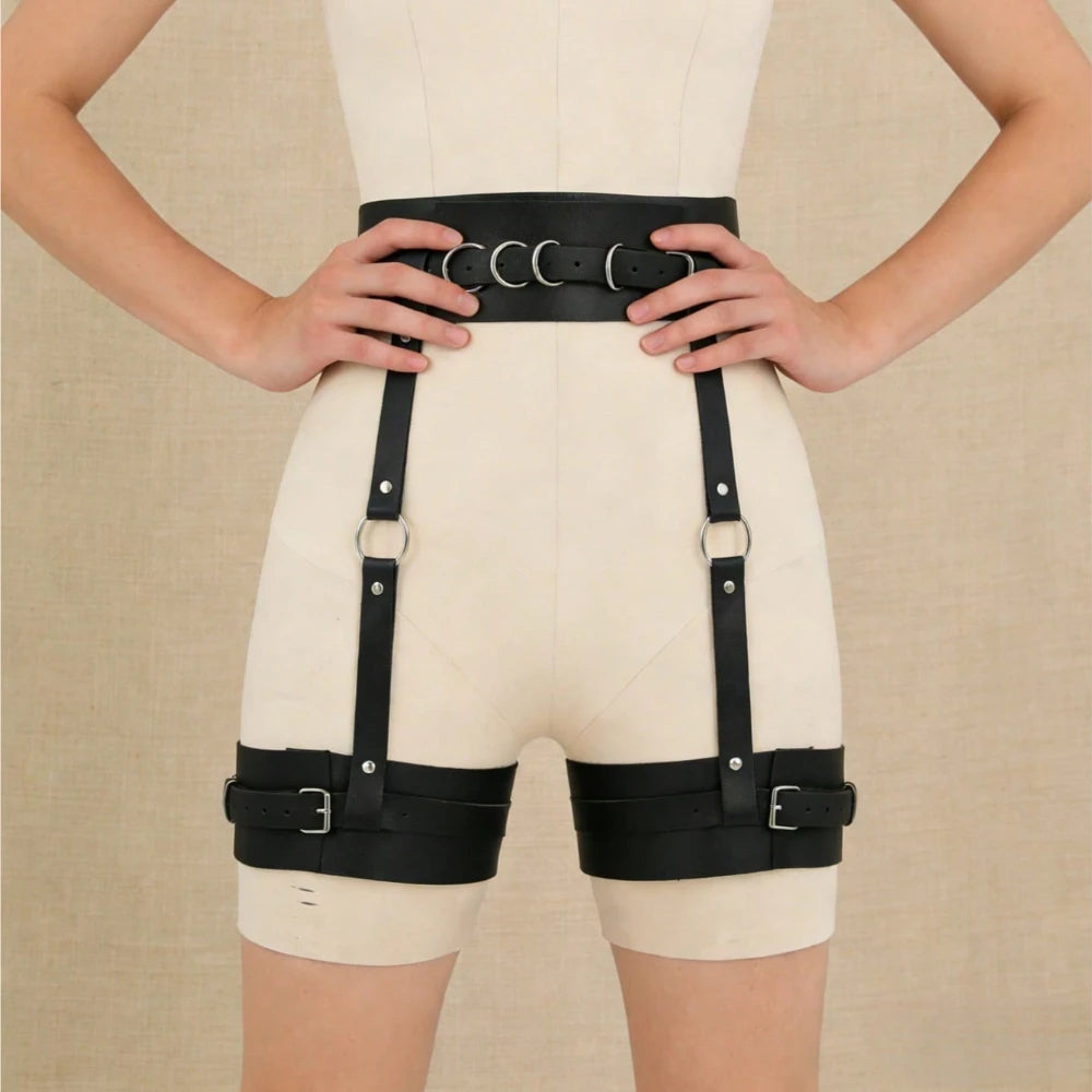 Women Fashion Harness Punk Leg Harness PU Leather Adjustable Studded Decor Thigh Garter Belt Gothic Clothing Accessories