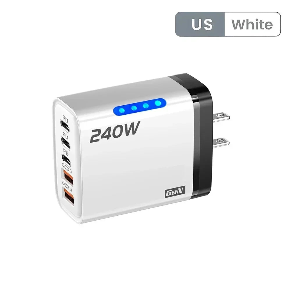 5 in 1 GaN Desktop Charger 240W Fast Charging Adapter 10A USB To Type C Cable 3PD 2 USB Charger For iPhone Samsung Xiaomi