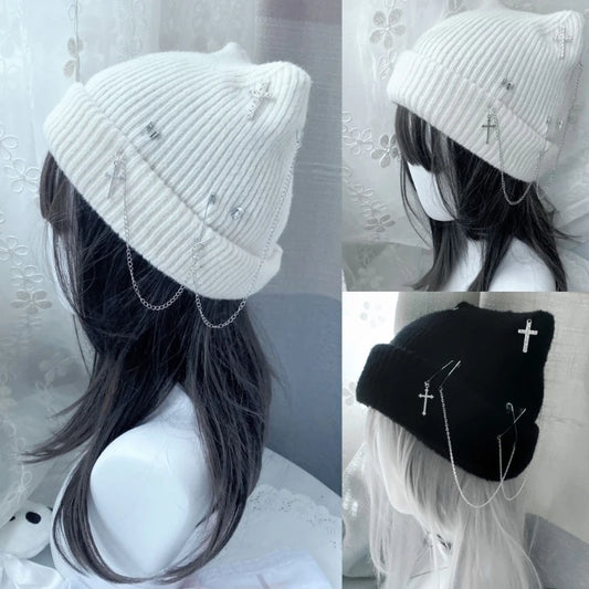 Handgewebte Beanie-Mützen für Damen, warme Wintermütze, Y2K-Teufelshornmütze für Teenager, Mädchen, modische Anime-Mütze, Kopfbedeckung