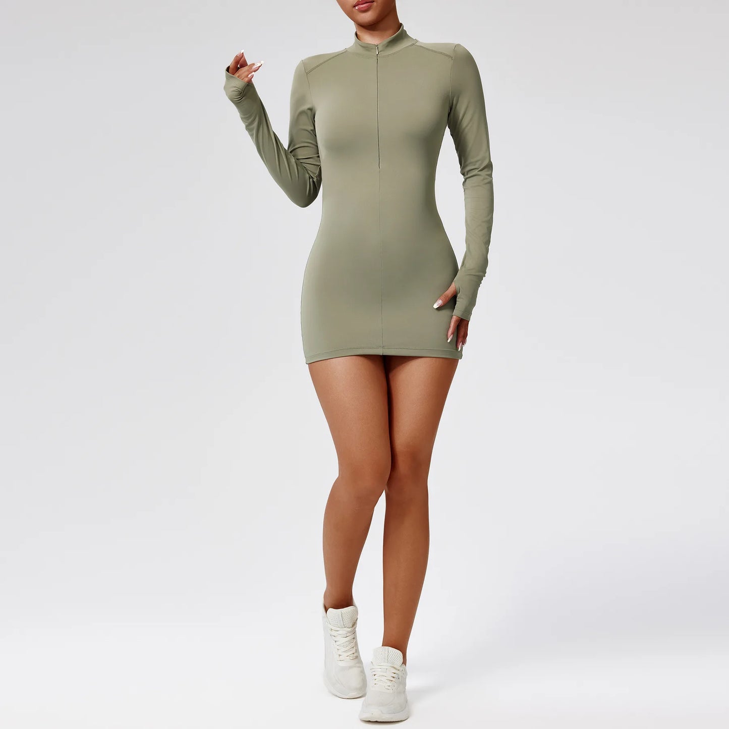 Fitness Bodysuit Sportswear Gym Set Women Clothes Jumpsuit Long Sleeved Workout Short Skirt Push Up One-piece Zipper Yoga Suit