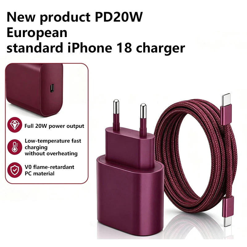 PD 20W Fast Charger Set USB-C Wall Charging Head Cable Fast Charging Adapter For iPhone 15 16 17 18 Series iPad Pro iPad Air