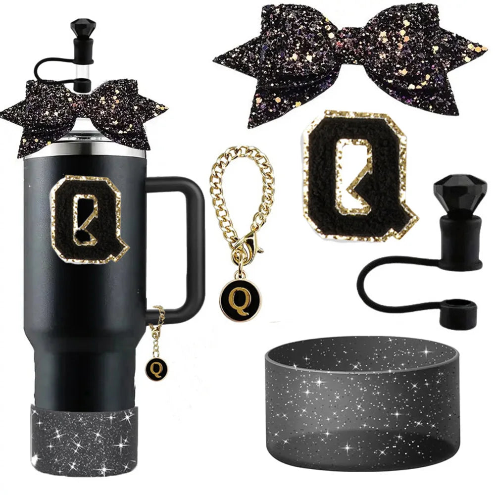 5pcs Accessories Set for Stanley 30oz 40oz Tumbler Cup Including 10mm Diamond Straw Cover Topper Bow Ties Initial Sticker