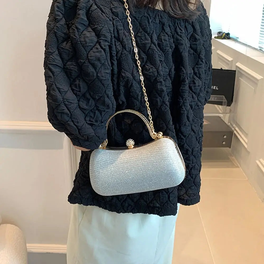 Gold Bright Silk Circular Evening Bag Women Banquet Clutch Rhinestone Decor Chain Shoulder Bags Luxury Female Party Handbags
