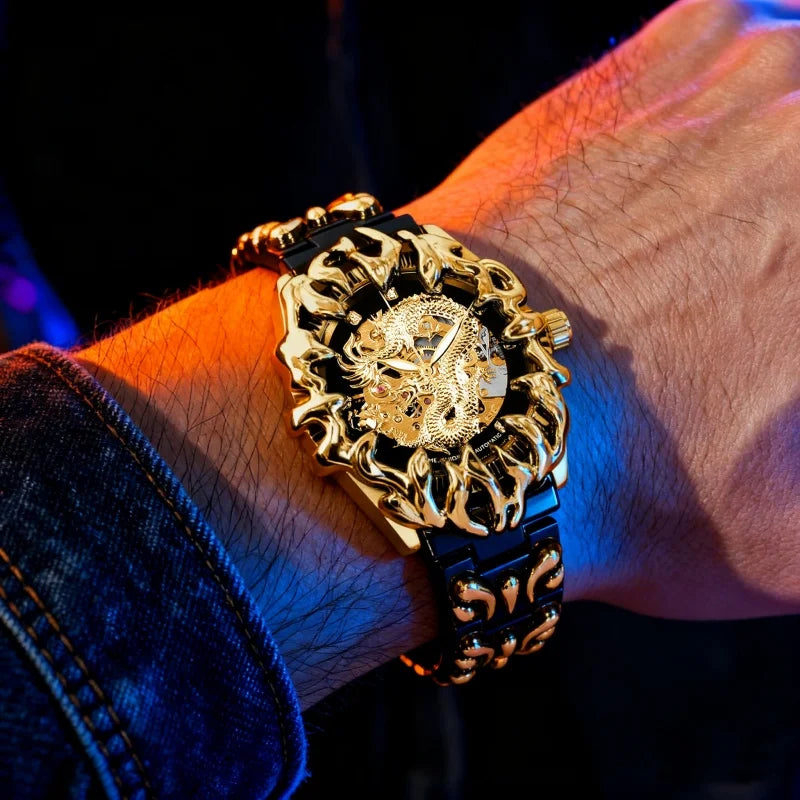 A men's black and gold steel strap casual niche carved dragon pattern mechanical watch