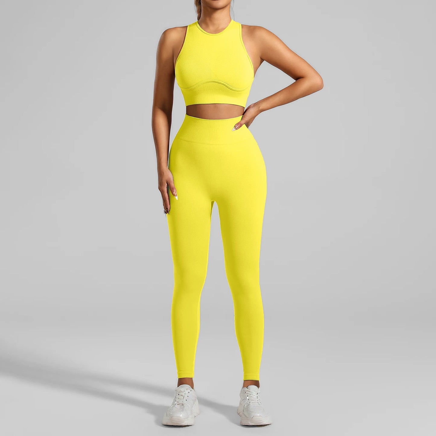 Seamless Ribbed High Waisted Yoga Set for Women, Tummy Control Criss Cross Back Workout Outfit, Quick Dry Fitness Set for Gym