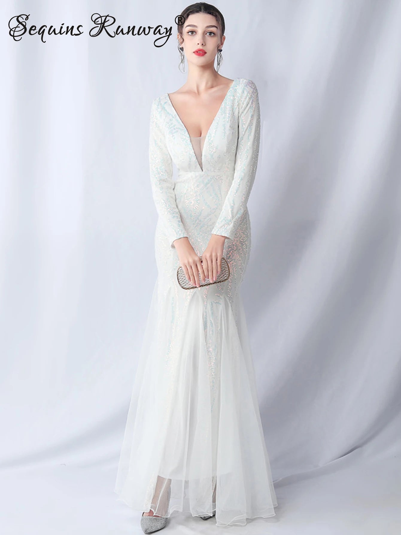 Sexy backless maxi sequin summer dress women elegant luxury mesh wedding party dresses woman long sleeve evening dresses vestido