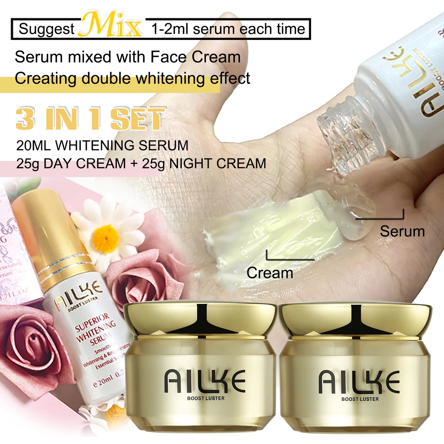 AILKE Lightening Facial Skin Care Cream With Glutathione, Reduce Dark Spots, Improve Dull Skin, Moisturizing Face Clean Set