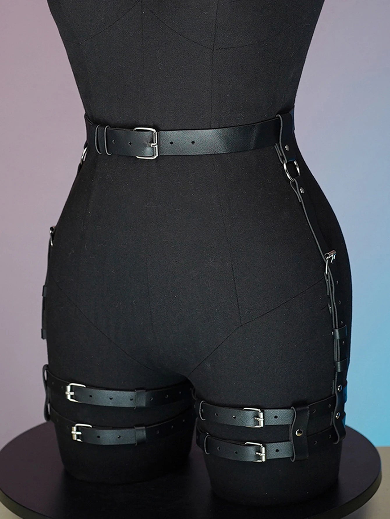 Women's Black Faux Leather Waist Thigh Harness – Adjustable Double Strap Garter Belt, Gothic Punk Body Accessory for Streetwear