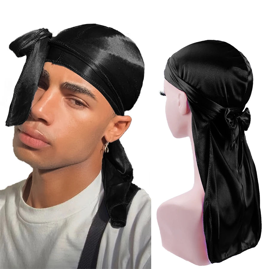 2024 Neue Satin Durag Turban Motorhaube Perücken Durag Biker Headwrap Piratenhut Kappe für Männer Haarschmuck Lange Schwanzriemen Bandanas