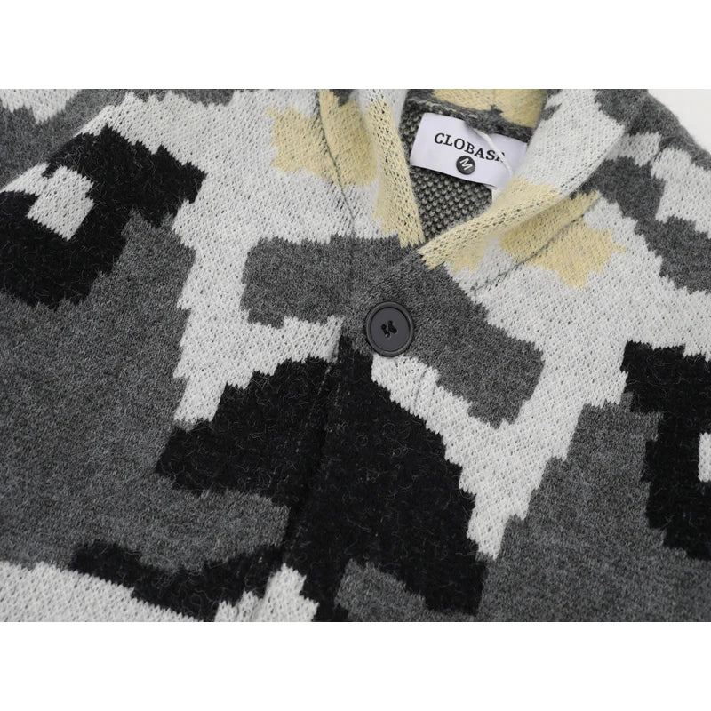 Vintage Camouflage Knitted Cardigan Jacket Autumn and Winter Print Button Stand Collar  Knitwear for Men Baggy Sweater Coat