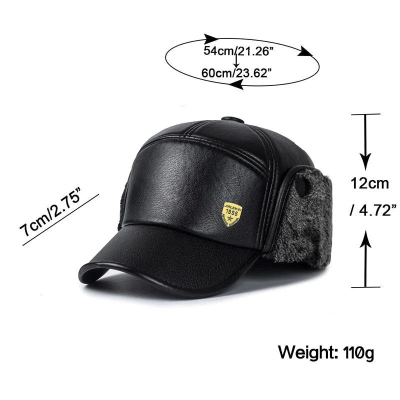 New Warm Winter Cap Black leather Fur Baseball Cap Hats For Men Snapback Women Casquette Bones Dad Caps Gorras Earflaps Thicken