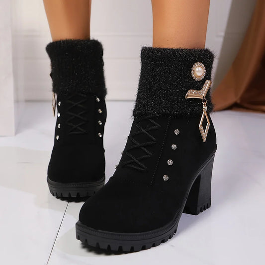 Thick Heel Large Size Fashion Boots Zipper Rhinestone Wool Top Plus Velvet Women's Boots New Autumn/winter High Heel Snow Boots