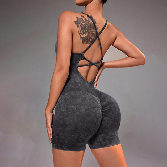 Distressed Washed Yoga Bodysuit for Women - Seamless No Panty Line Strappy Dance Leotard, Vintage Soft Workout Unitard for Gym