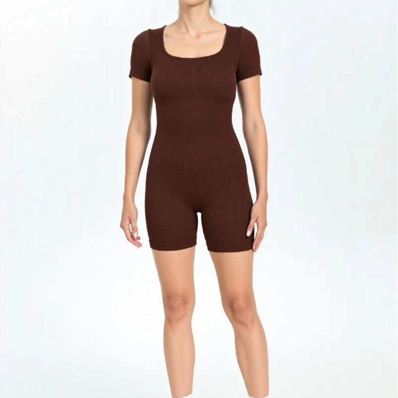 Seamless Ribbed Short Sleeve Bodysuit Women Yoga Outfit Tummy Control Sportswear for Running Workout Gym Fitness Clothes