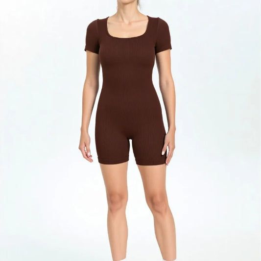 Seamless Ribbed Short Sleeve Bodysuit Women Yoga Outfit Tummy Control Sportswear for Running Workout Gym Fitness Clothes