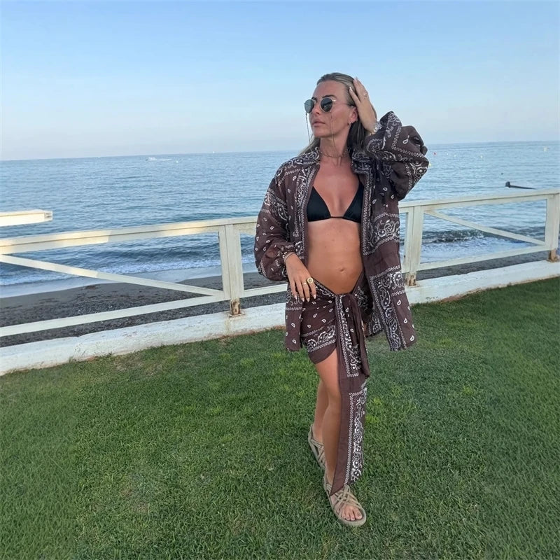 Bandana Print Cropped Shirt&Bottoms Set Button-Down Shirt Skirt/Pants Spring Boho Western Women Suit Holiday Casual Outfit