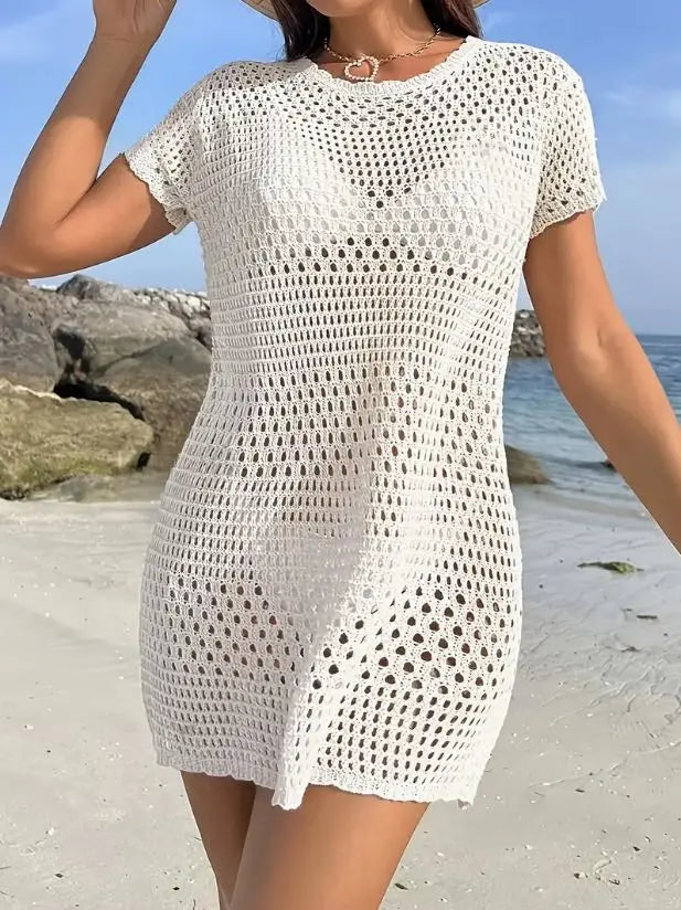 Summer Solid Color Mini Dress round Neck Holiday Hollow out Sun Protection Beachwear Women's Fashion Casual Skirt
