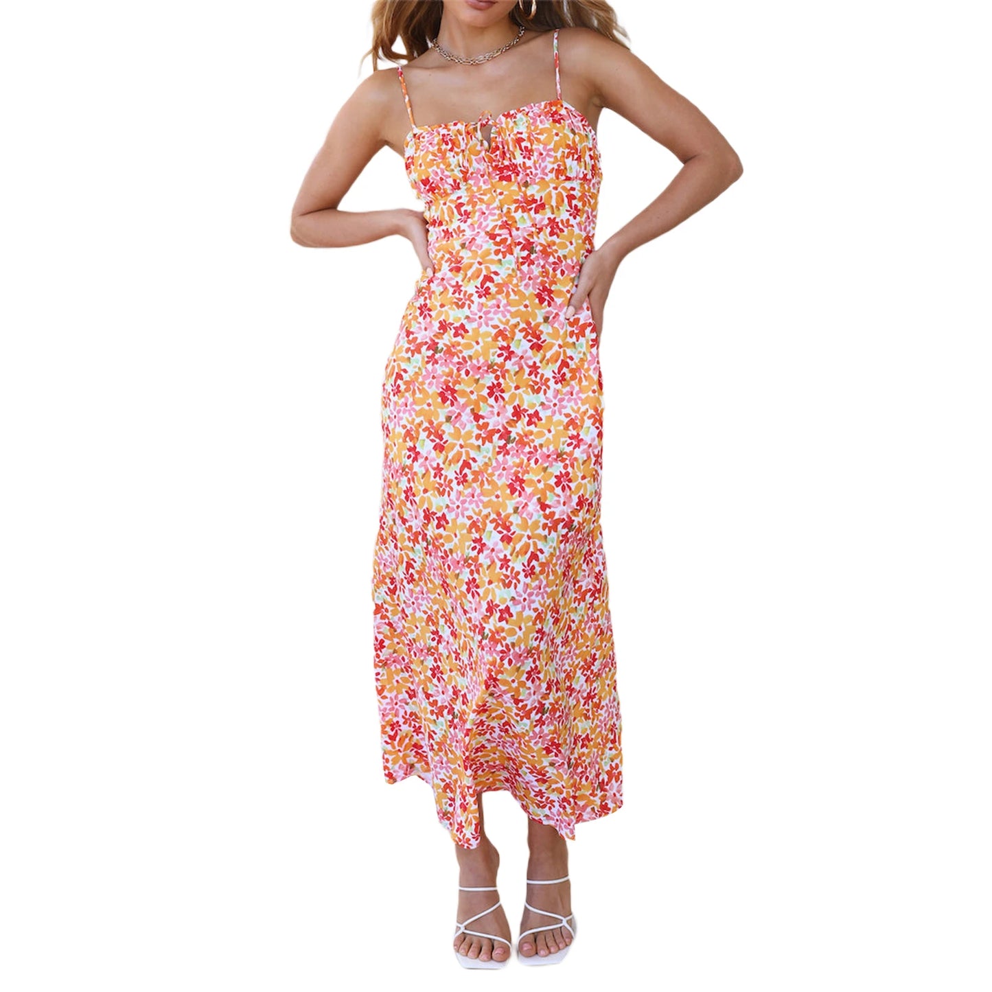 Women Summer Floral V Neck Spaghetti Strap Cam Dress Female Robe Sexy Bodycon Split Chic Mid-Calf Aesthetic Dress