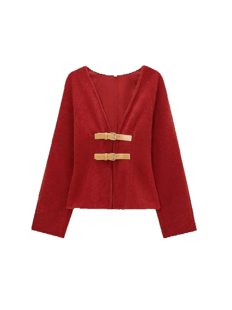 Women Fashion With Belt Woolen Jacket Coat V Neck Long Sleeve Female Outerwear Chic Tops
